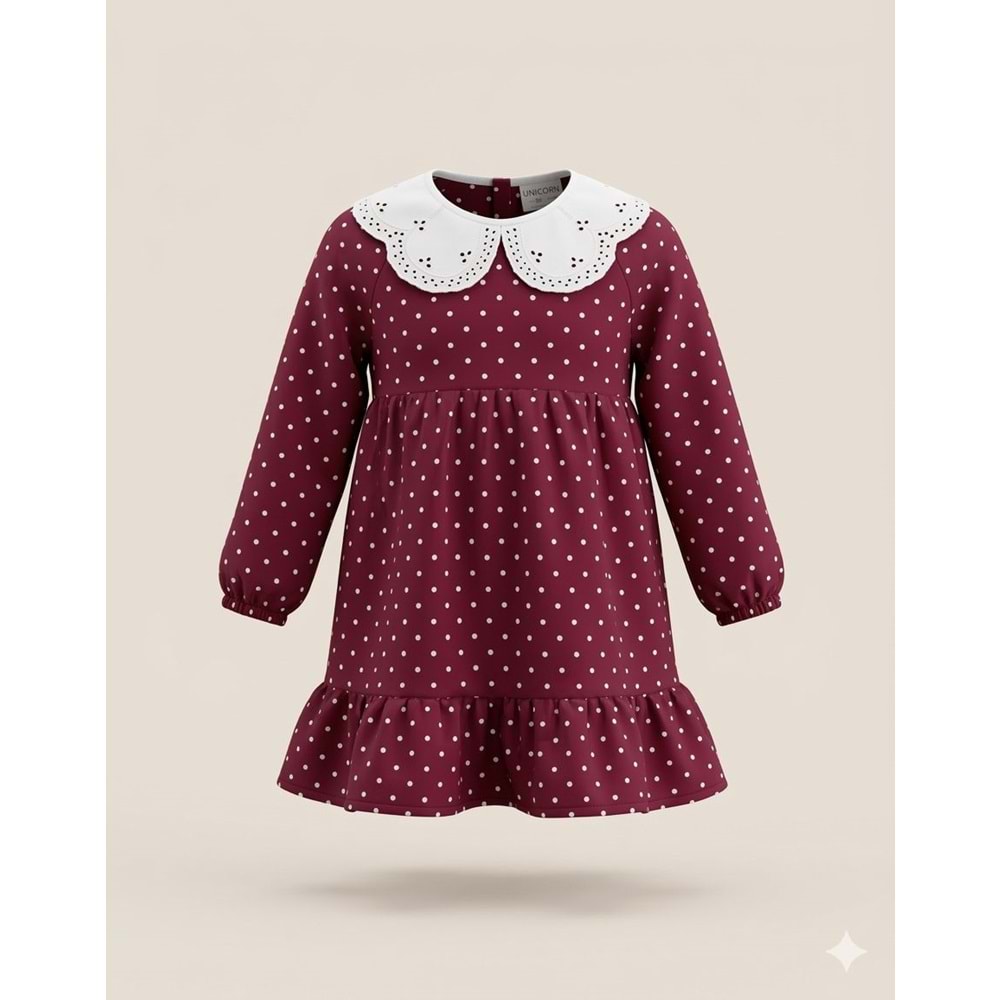 Kız Çocuk Bordo Beyaz Puantiye Elbise - BORDO - 3-4 YAŞ