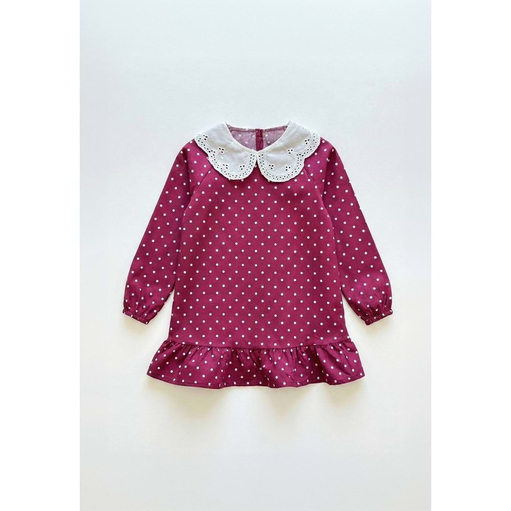 Kız Çocuk Bordo Beyaz Puantiye Elbise - BORDO - 3-4 YAŞ