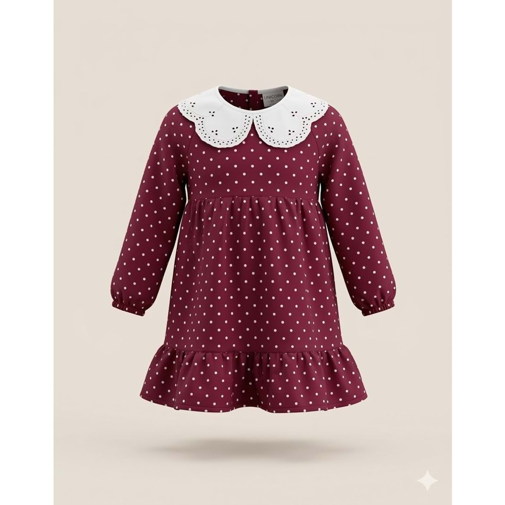 Kız Çocuk Bordo Beyaz Puantiye Elbise - BORDO - 3-4 YAŞ