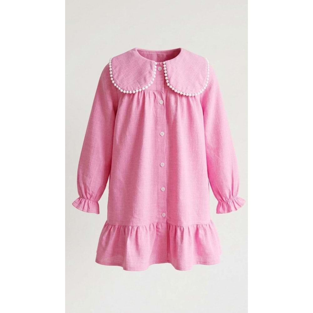 Kız Çocuk Oya İlşemeli Yaka Pembe Renk Dokuma Düğmeli Elbise - PEMBE - 2-3 YAŞ