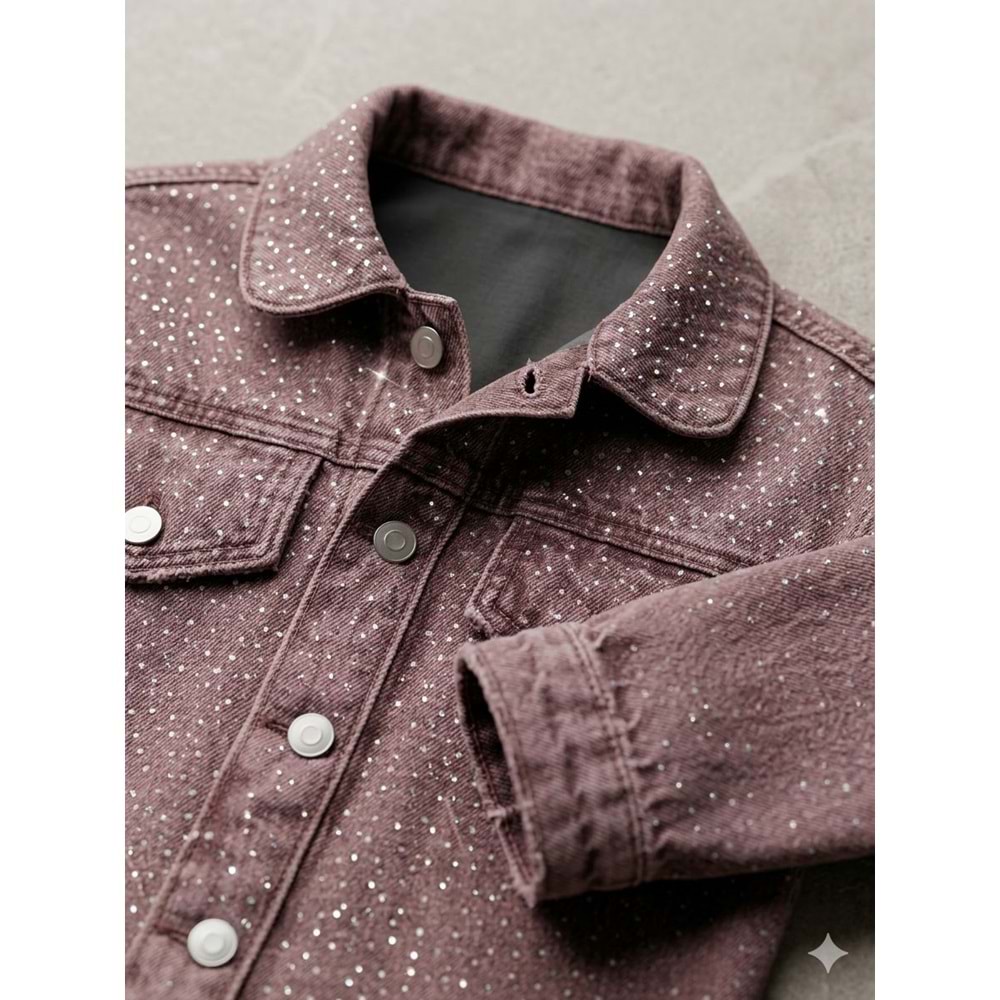 Kız Çocuk Serpme Taş Parıltı Detaylı Taşlama Denim Set Alt Üst Takım