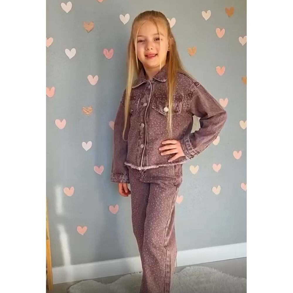 Kız Çocuk Serpme Taş Parıltı Detaylı Taşlama Denim Set Alt Üst Takım