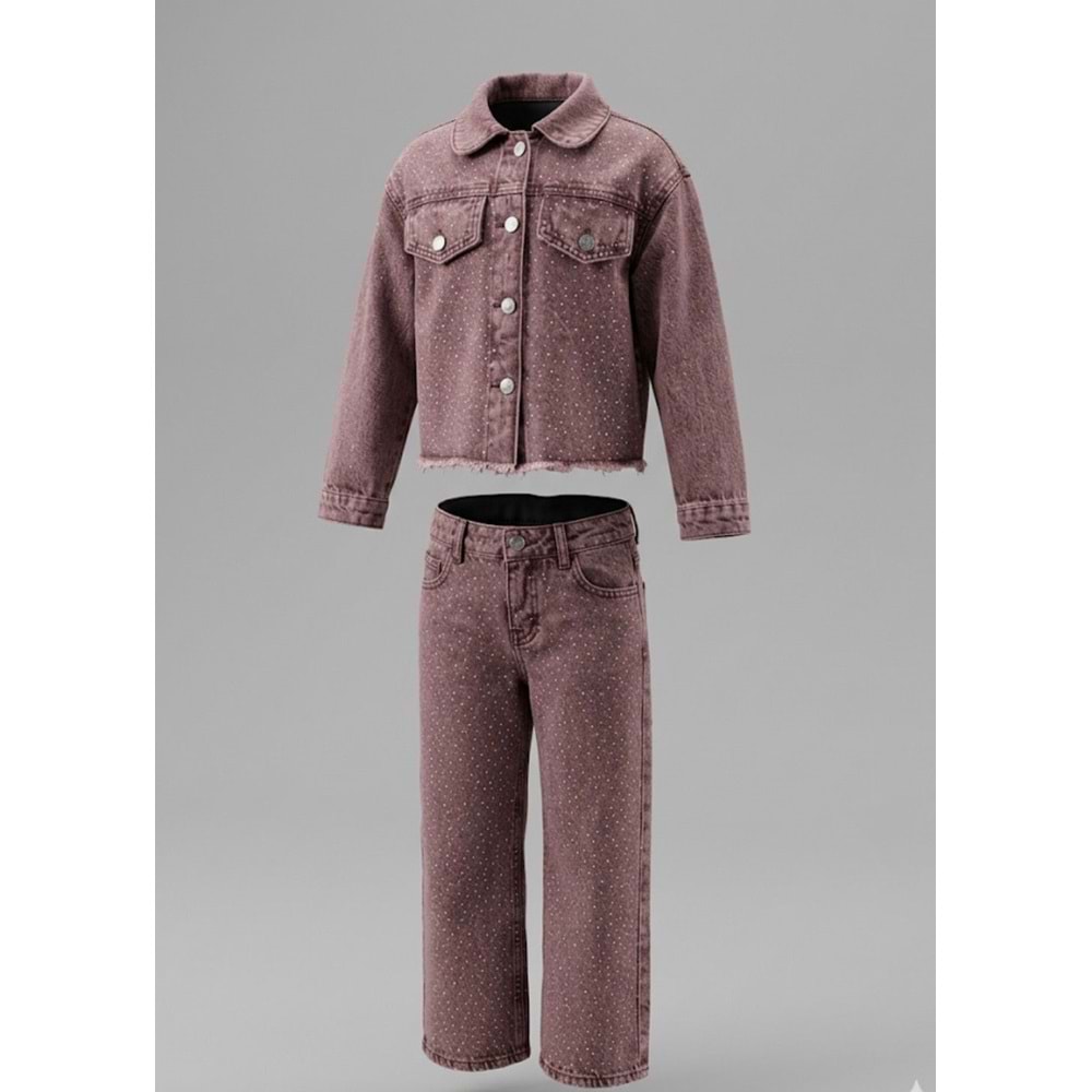 Kız Çocuk Serpme Taş Parıltı Detaylı Taşlama Denim Set Alt Üst Takım