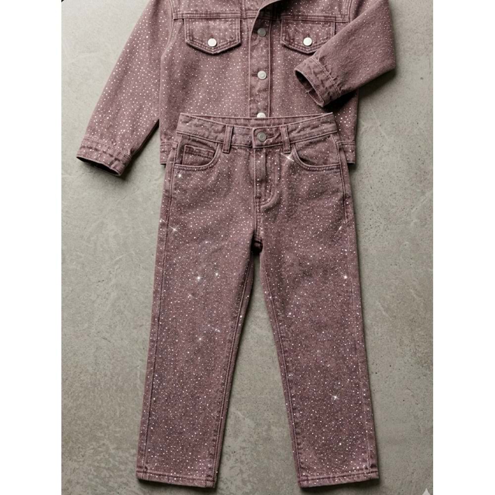 Kız Çocuk Serpme Taş Parıltı Detaylı Taşlama Denim Set Alt Üst Takım