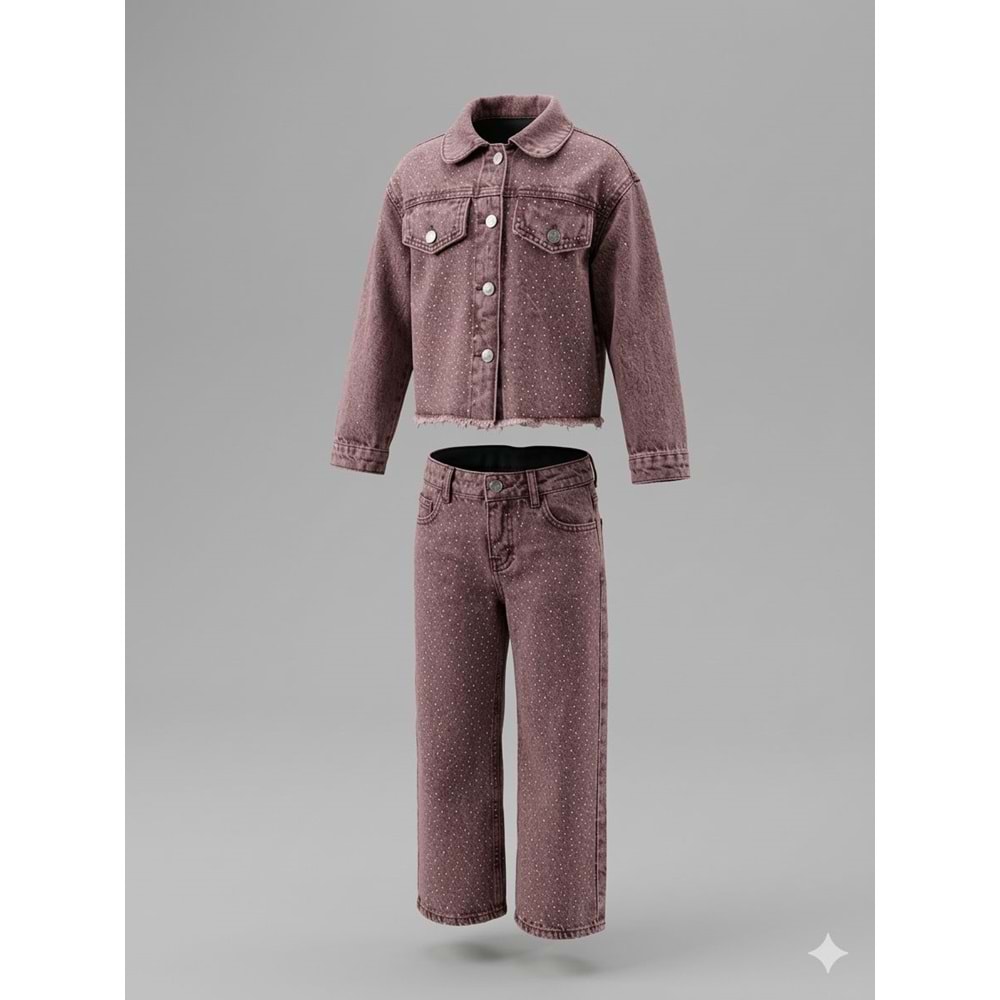 Kız Çocuk Serpme Taş Parıltı Detaylı Taşlama Denim Set Alt Üst Takım