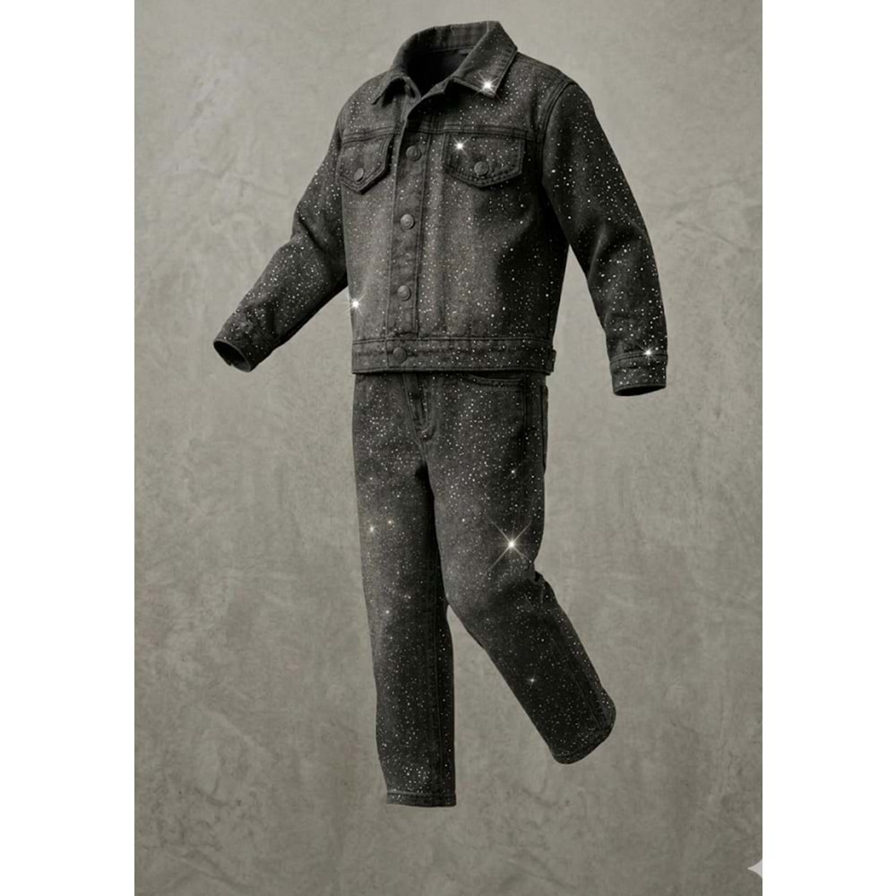 Kız Çocuk Serpme Taş Parıltı Detaylı Taşlama Denim Set Alt Üst Takım - SİYAH - 4-5 YAŞ