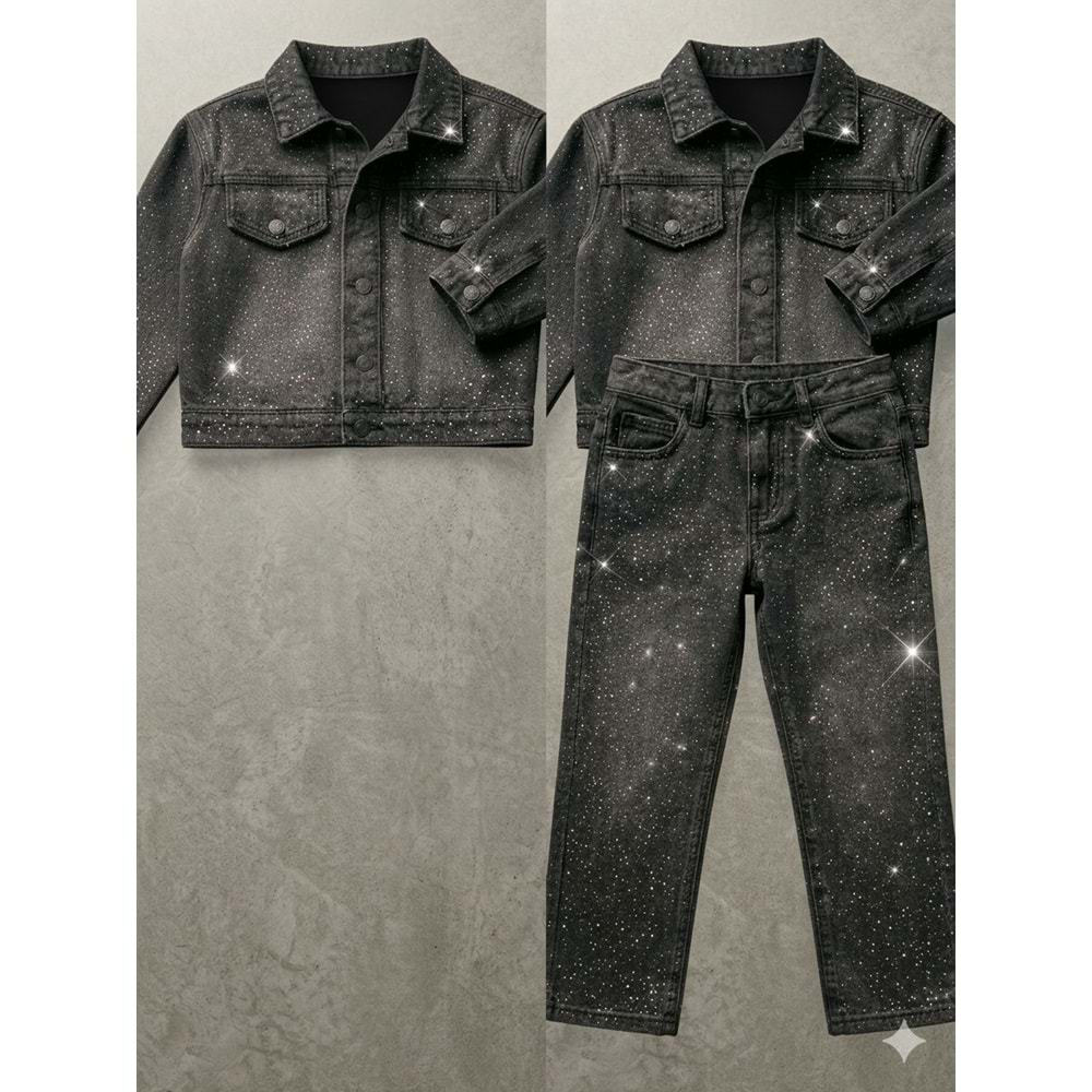 Kız Çocuk Serpme Taş Parıltı Detaylı Taşlama Denim Set Alt Üst Takım - SİYAH - 4-5 YAŞ