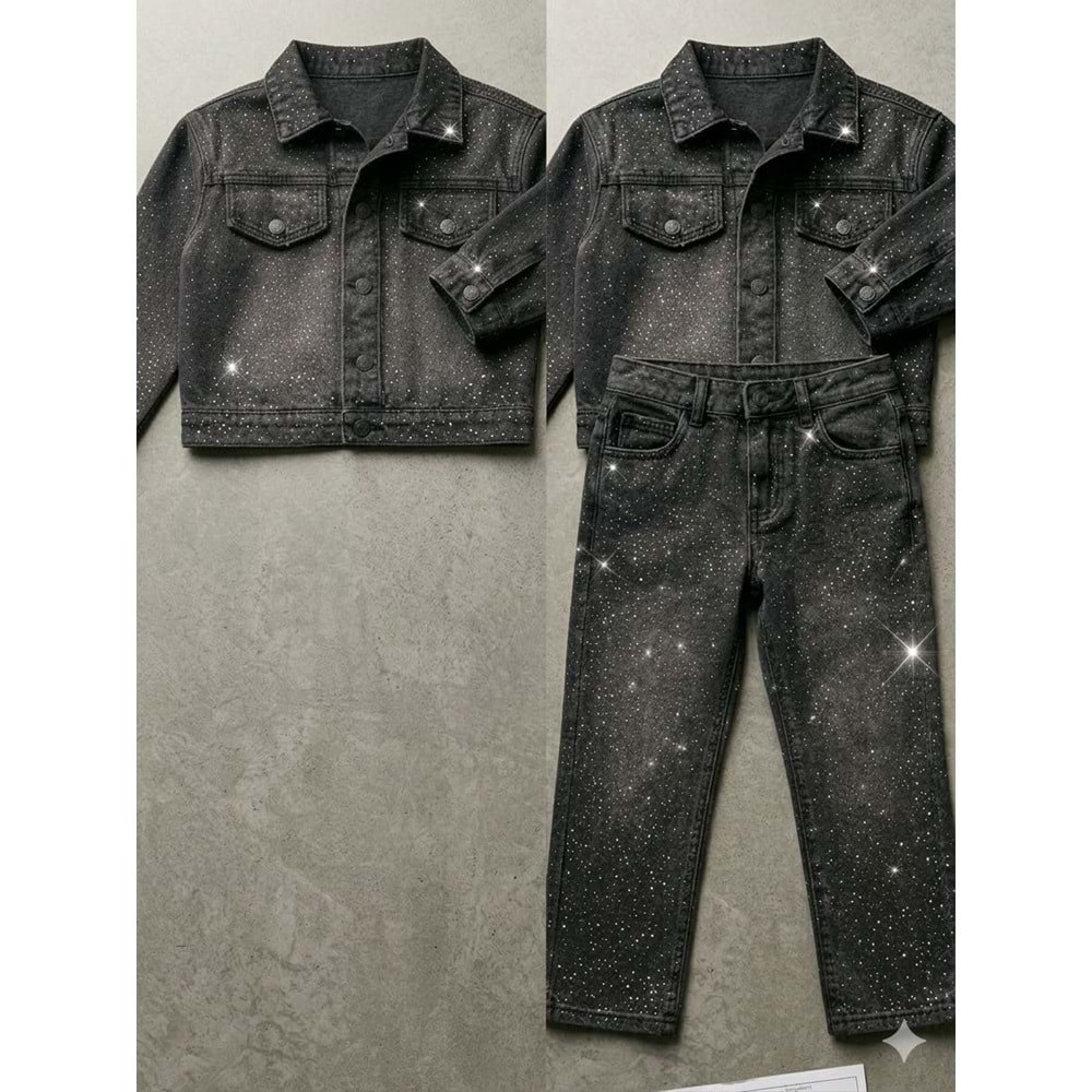 Kız Çocuk Serpme Taş Parıltı Detaylı Taşlama Denim Set Alt Üst Takım - SİYAH - 4-5 YAŞ