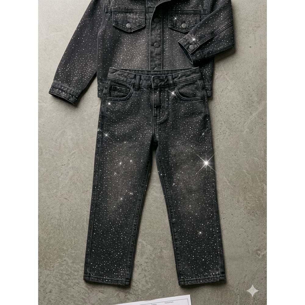 Kız Çocuk Serpme Taş Parıltı Detaylı Taşlama Denim Set Alt Üst Takım - SİYAH - 4-5 YAŞ