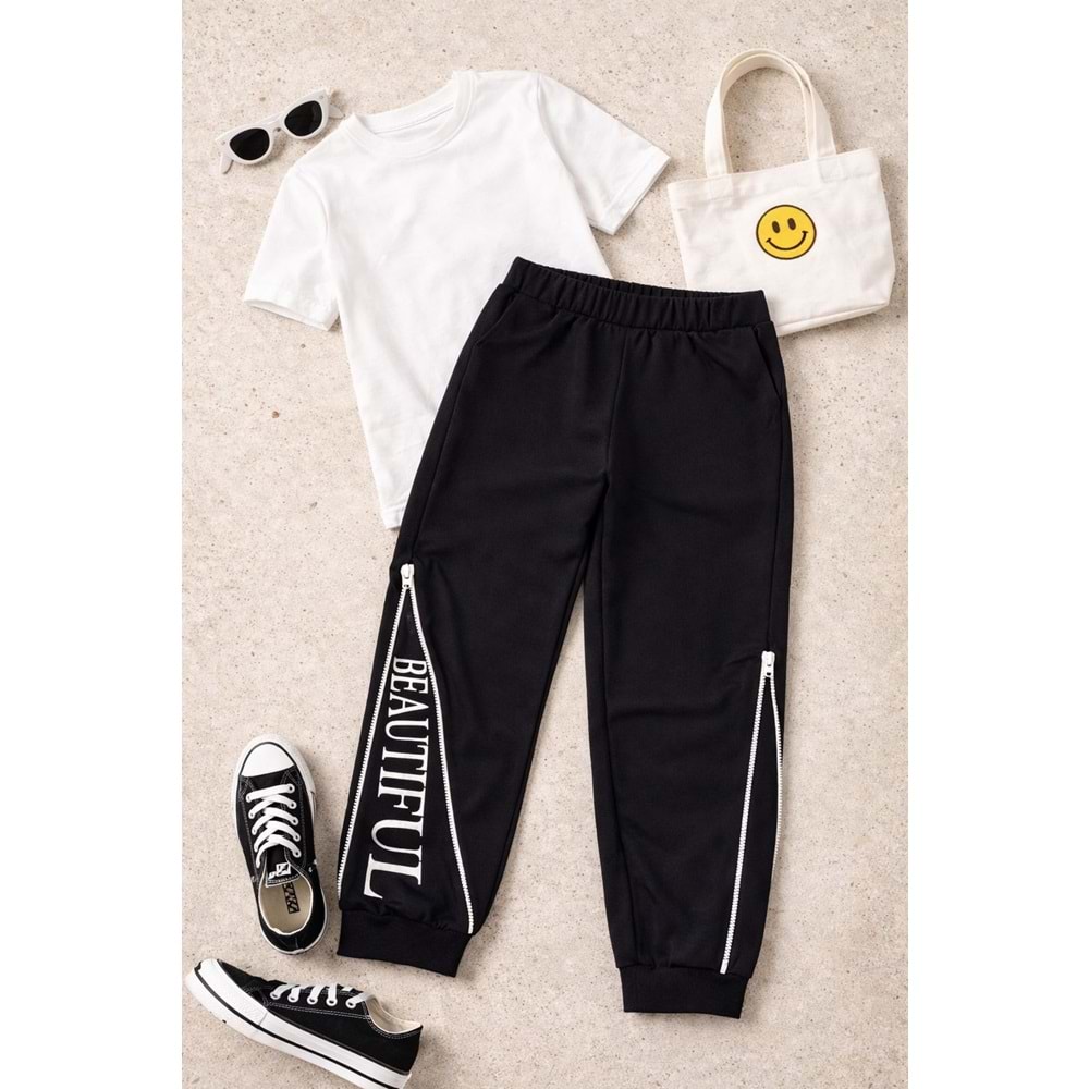 Beatiful Yazı - Fermuar Paça Detaylı Kız Çocuk Jogger Eşofman Altı - SİYAH - 10 YAŞ