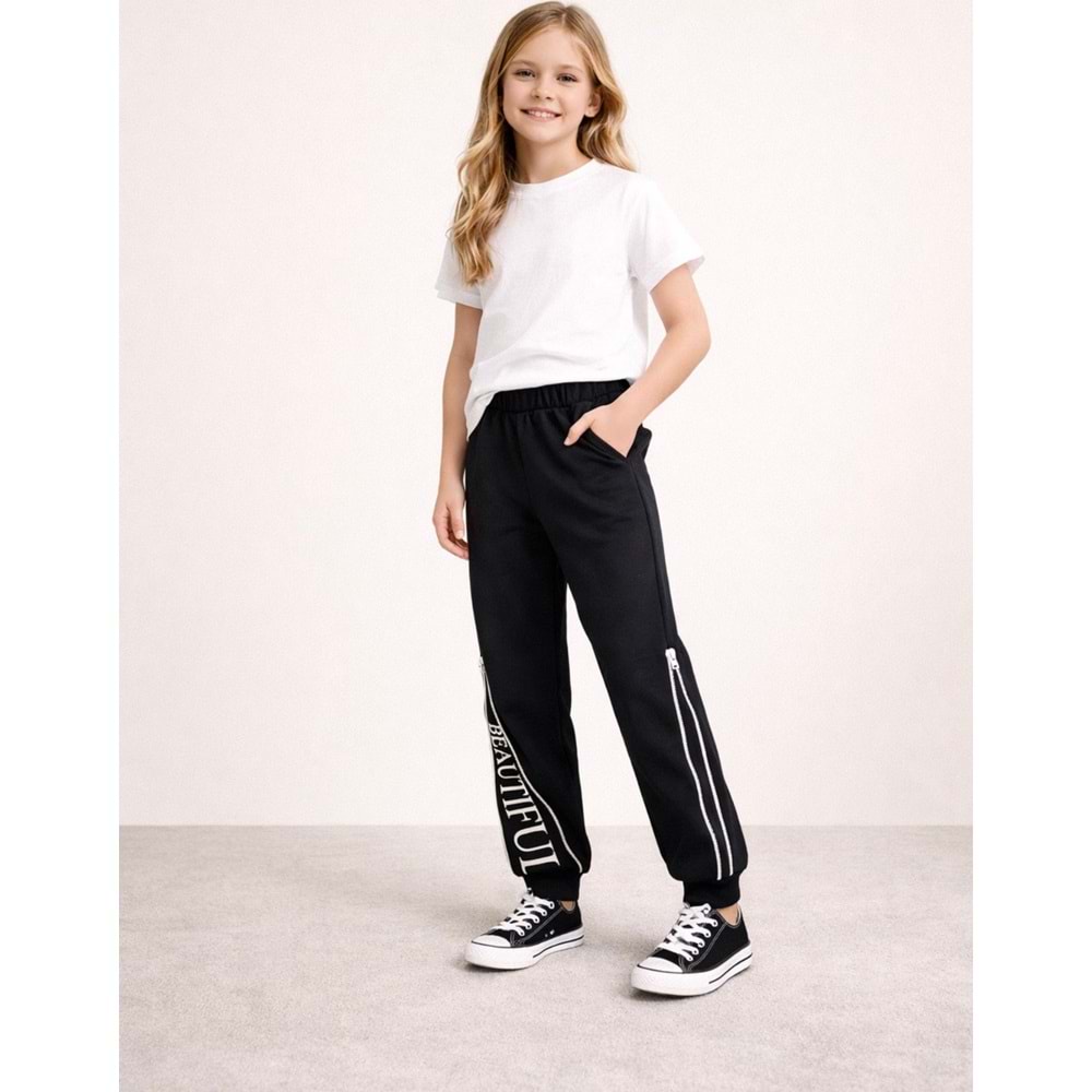 Beatiful Yazı - Fermuar Paça Detaylı Kız Çocuk Jogger Eşofman Altı - SİYAH - 10 YAŞ