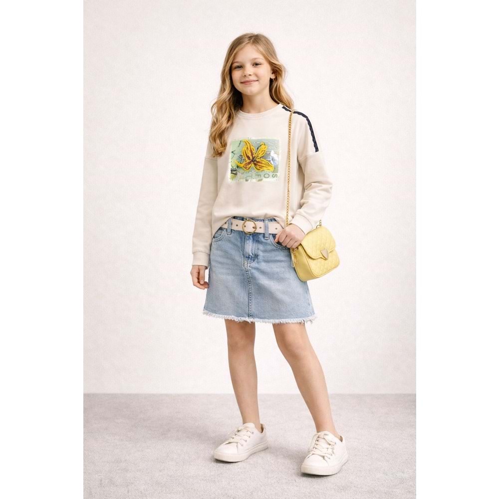 Bahar Çiçeği Dantel Detaylı Kız Çocuk Sweatshirt - KREM - 10 YAŞ