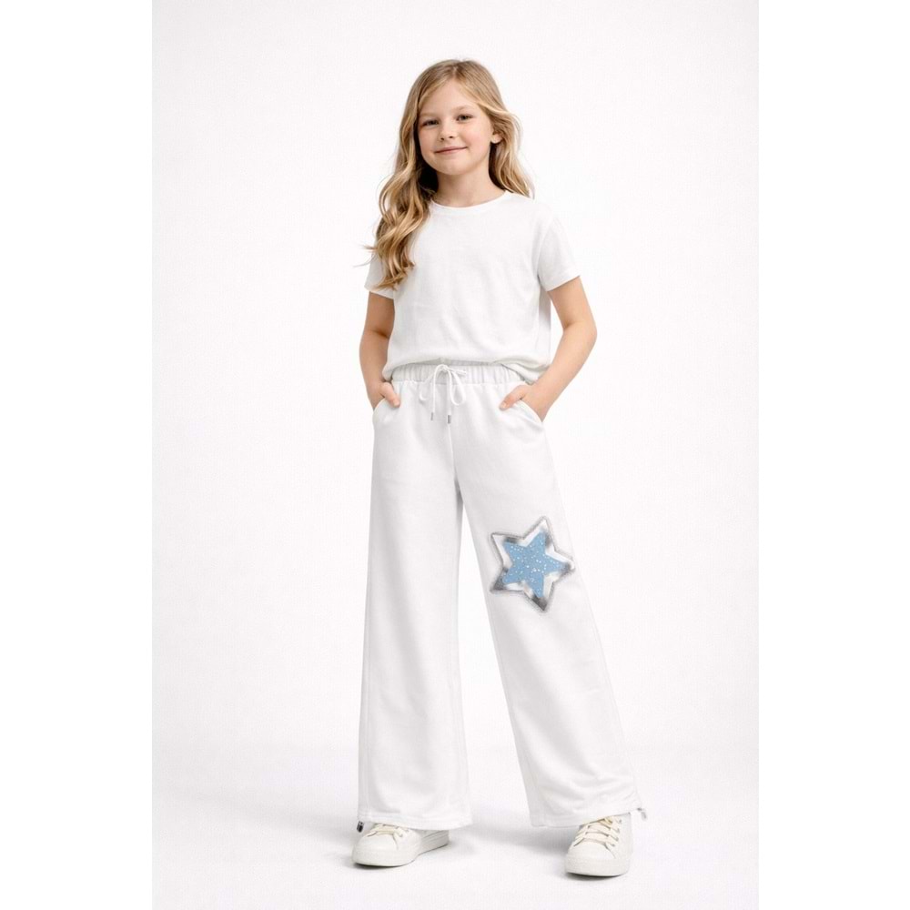 Yıldız Aplikeli Kız Çocuk Geniş Paça Eşofman Altı - BEYAZ - 10 YAŞ