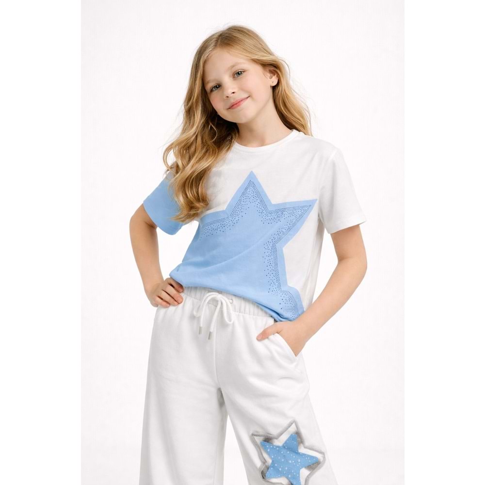 Sky Star Serpme Taş Detaylı Yıldız Baskı T-Shirt - BEYAZ - 13 YAŞ