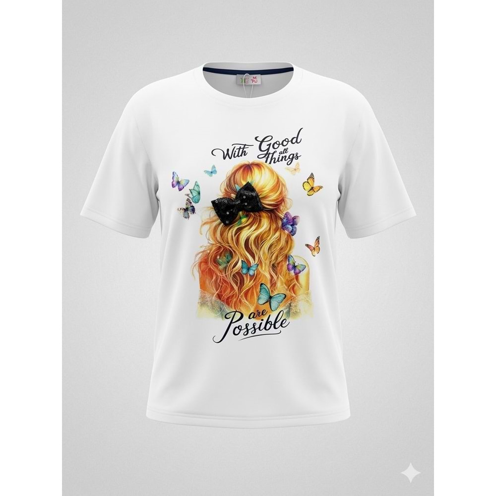 Kız Çocuk 3D Fiyonk Aplike Baskılı Premium T-Shirt - ÇOK RENKLİ - 12 YAŞ