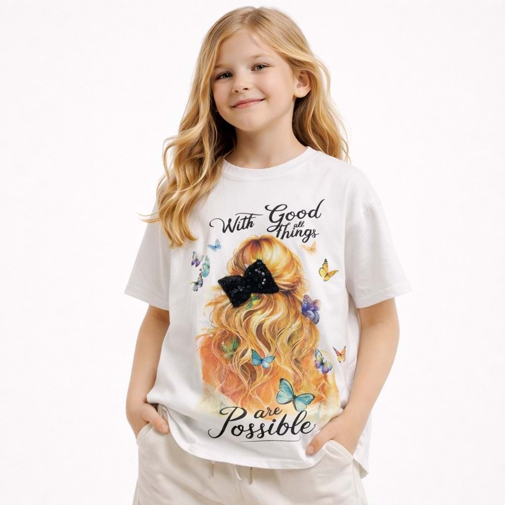 Kız Çocuk 3D Fiyonk Aplike Baskılı Premium T-Shirt - ÇOK RENKLİ - 12 YAŞ