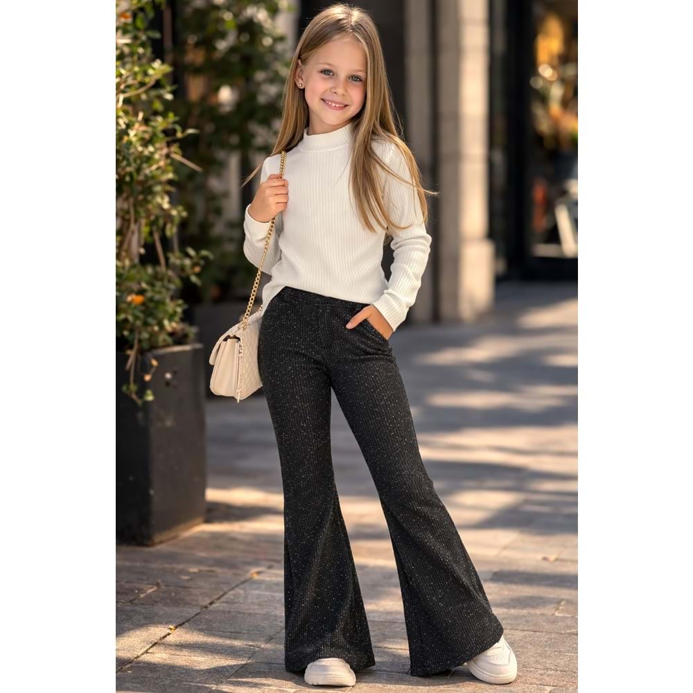 Kız Çocuk İspanyol Paça Simli Kumaş Siyah Renk Tayt - Pantolon - SİYAH - 4-5 YAŞ