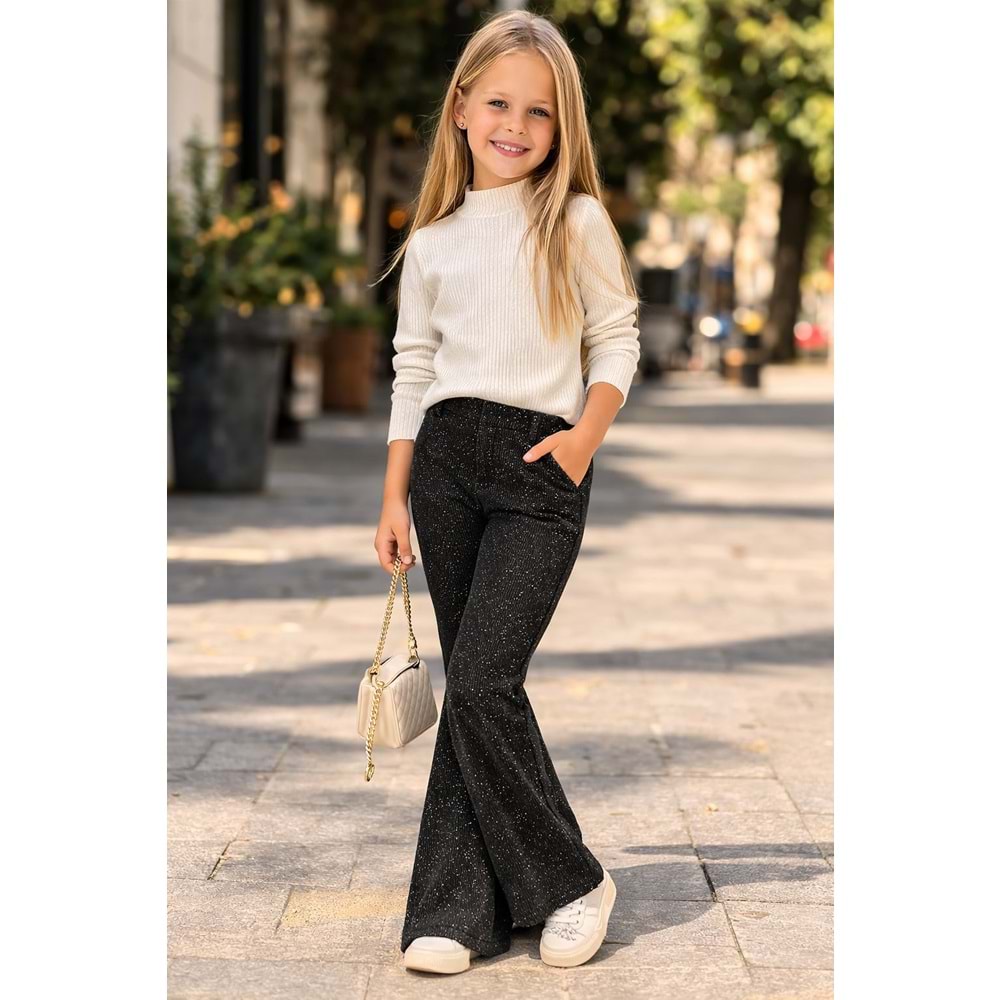 Kız Çocuk İspanyol Paça Simli Kumaş Siyah Renk Tayt - Pantolon - SİYAH - 4-5 YAŞ