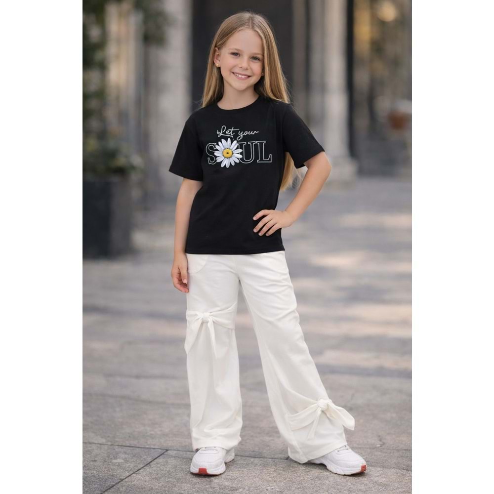 Kız Çocuk Papatya Sırt Baskı Detaylı T-Shirt Yeni Sezon - SİYAH - 11 YAŞ