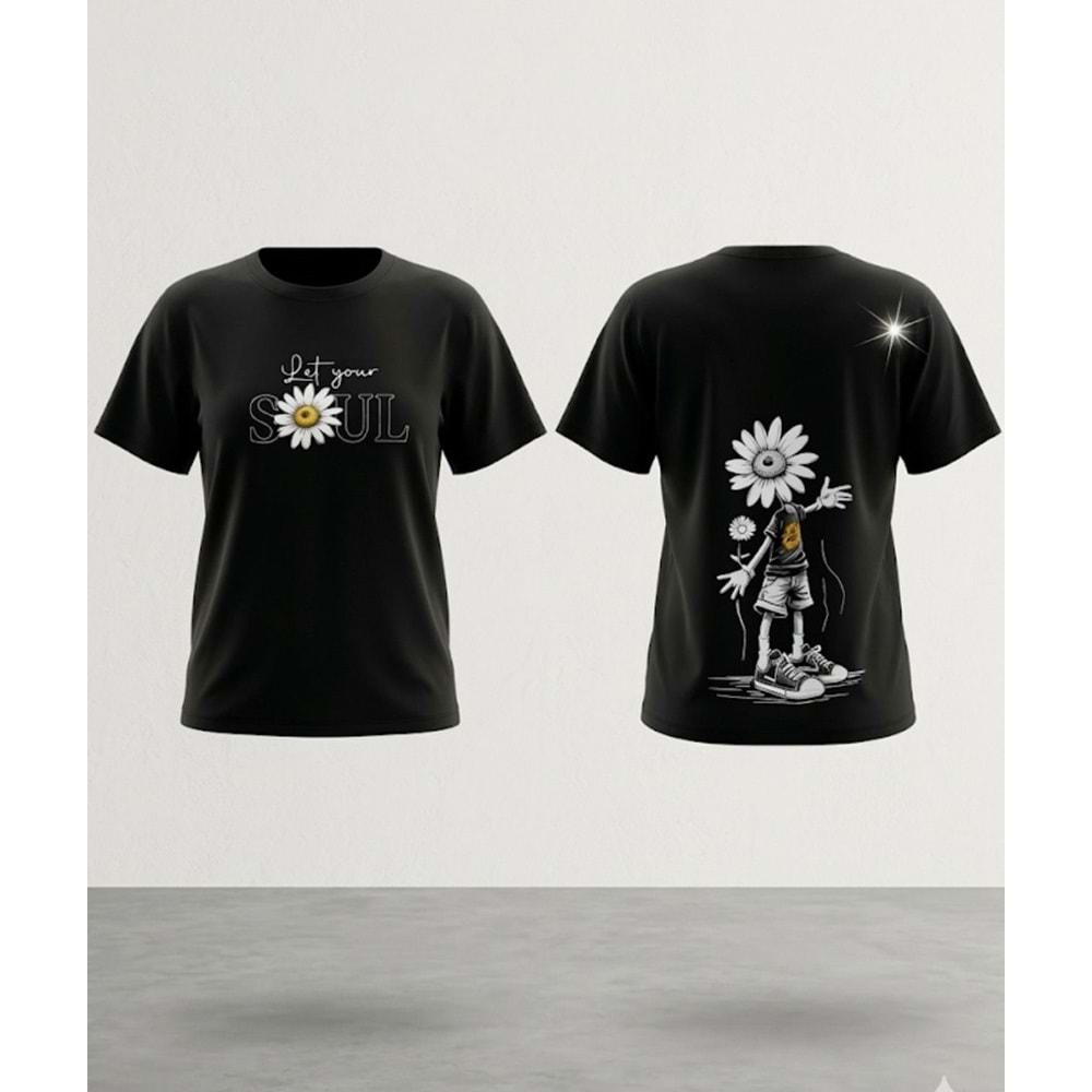 Kız Çocuk Papatya Sırt Baskı Detaylı T-Shirt Yeni Sezon - SİYAH - 11 YAŞ