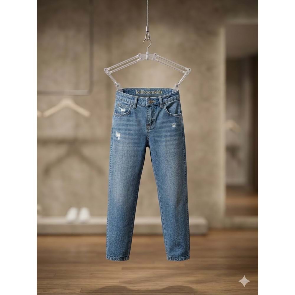 Erkek Çocuk Taşlamalı Yırtık Detaylı Denim - Kot Pantolon Lazer Kesim - AÇIK MAVİ - 14 YAŞ