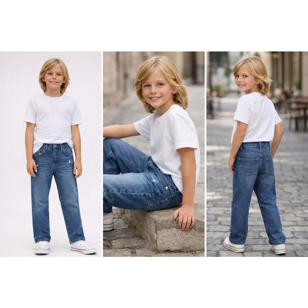Erkek Çocuk Taşlamalı Yırtık Detaylı Denim - Kot Pantolon Lazer Kesim - AÇIK MAVİ - 14 YAŞ