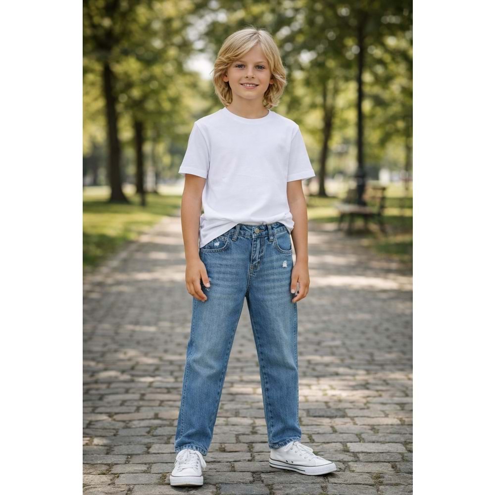 Erkek Çocuk Taşlamalı Yırtık Detaylı Denim - Kot Pantolon Lazer Kesim - AÇIK MAVİ - 14 YAŞ