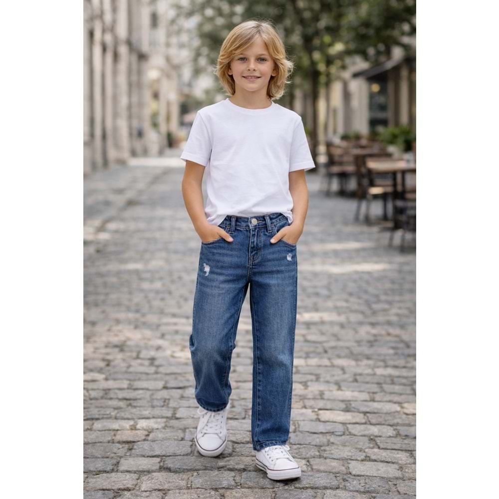 Erkek Çocuk Taşlamalı Yırtık Detaylı Denim - Kot Pantolon Lazer Kesim - BLUE JEAN - 11 YAŞ