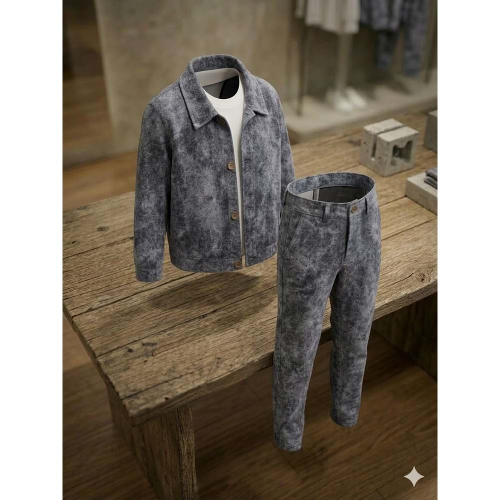 Erkek Çocuk Marble Efekt Pamuklu Alt Elegant Sportif Şık Takım 3 Parça - YIKAMALI GRİ - 4-5 YAŞ