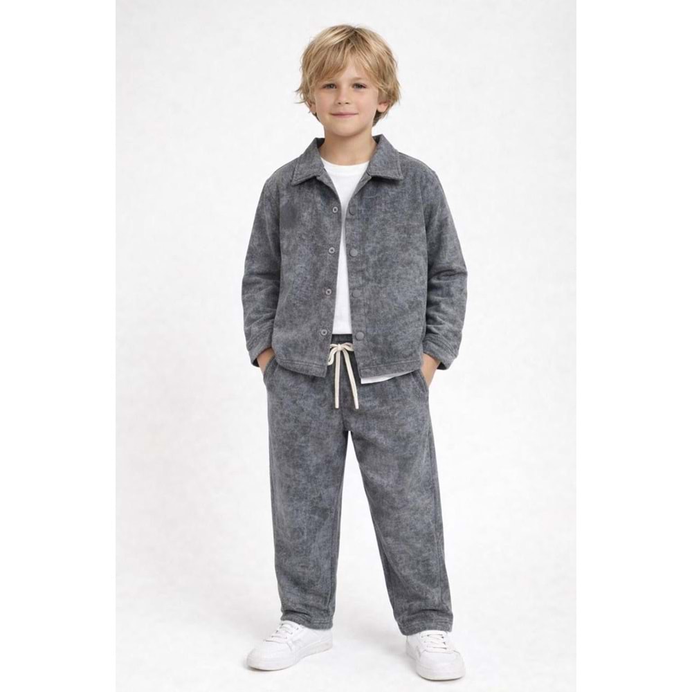 Erkek Çocuk Marble Efekt Pamuklu Alt Elegant Sportif Şık Takım 3 Parça - YIKAMALI GRİ - 4-5 YAŞ