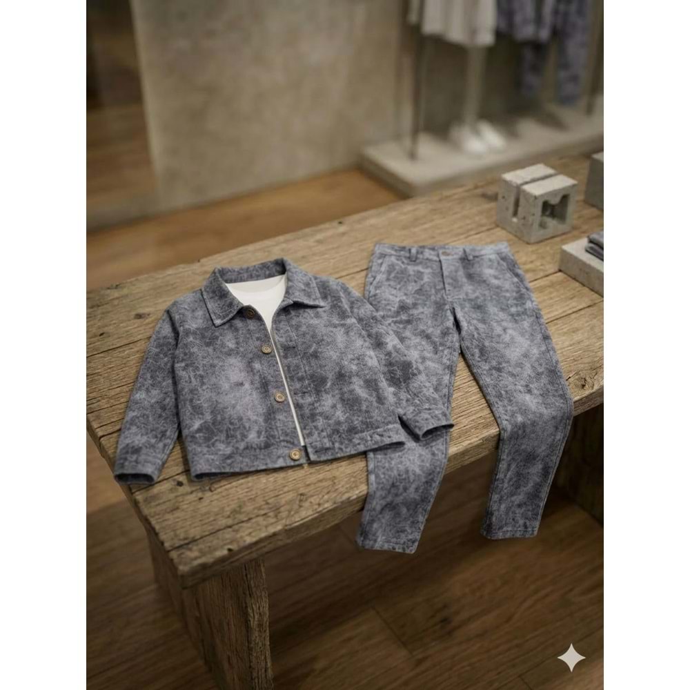 Erkek Çocuk Marble Efekt Pamuklu Alt Elegant Sportif Şık Takım 3 Parça - YIKAMALI GRİ - 4-5 YAŞ