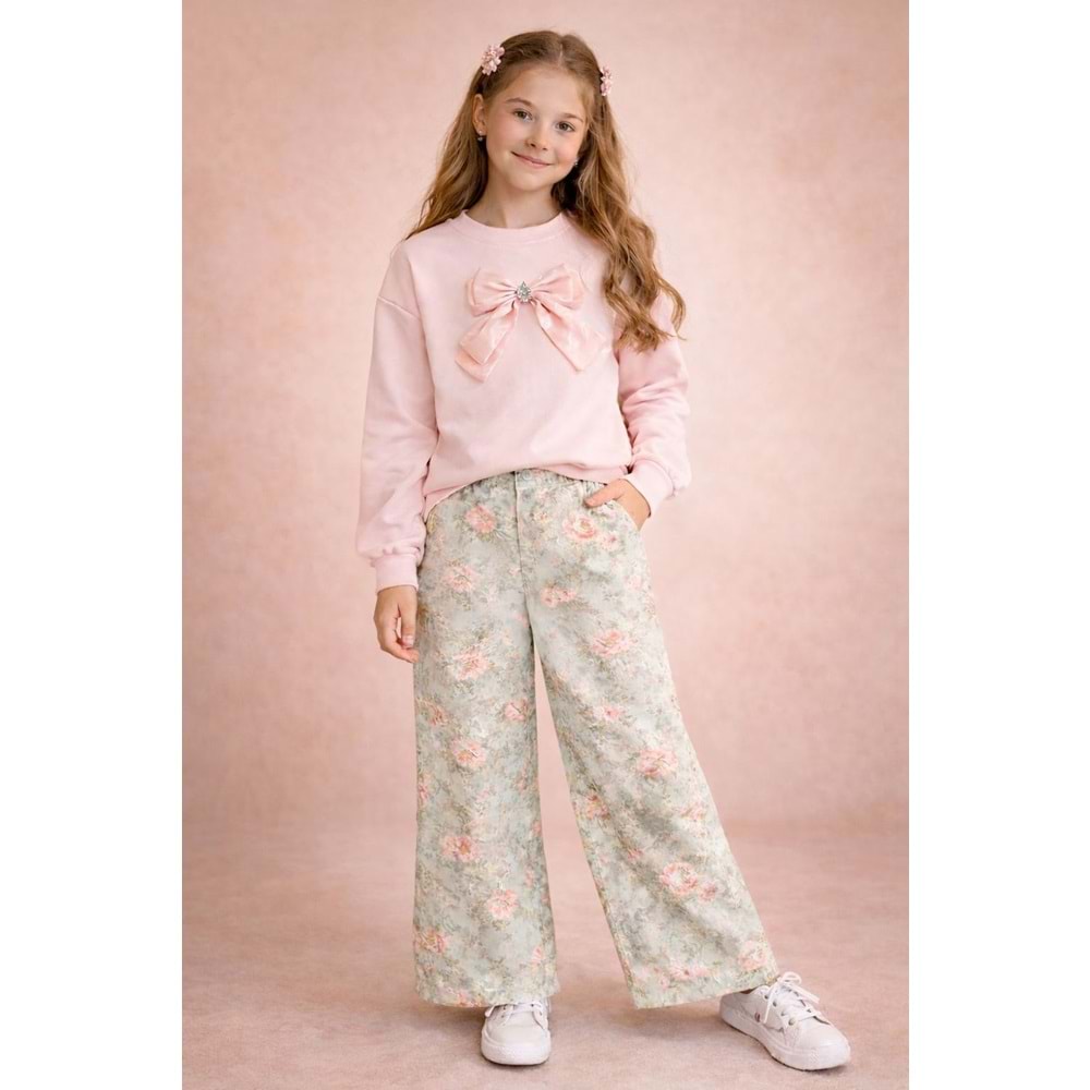 Kız Çocuk Soft Pembe Renk Yumoş Kumaş Fiyonk Detay Sweatshirt - PASTEL PEMBE - 10 YAŞ