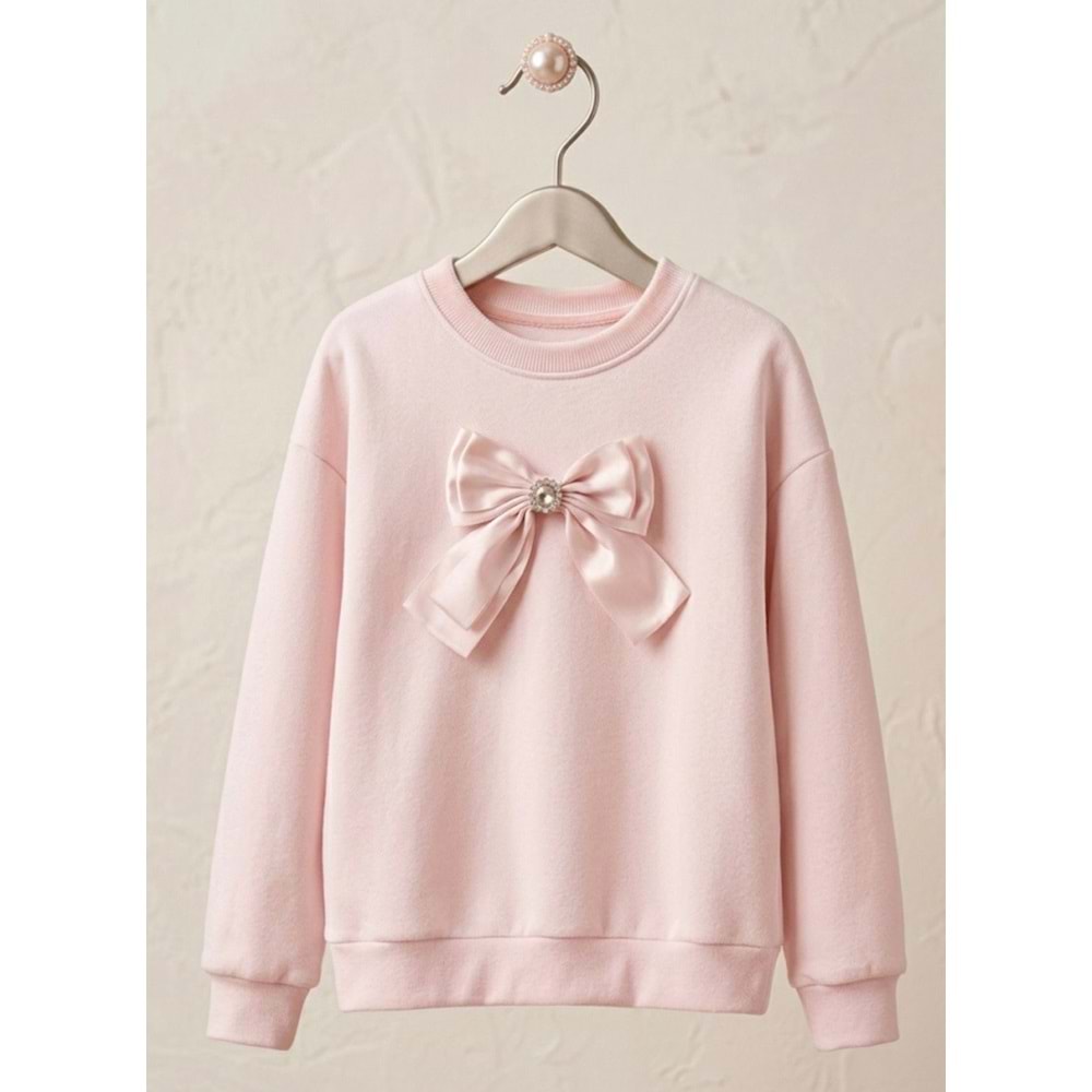 Kız Çocuk Soft Pembe Renk Yumoş Kumaş Fiyonk Detay Sweatshirt - PASTEL PEMBE - 10 YAŞ