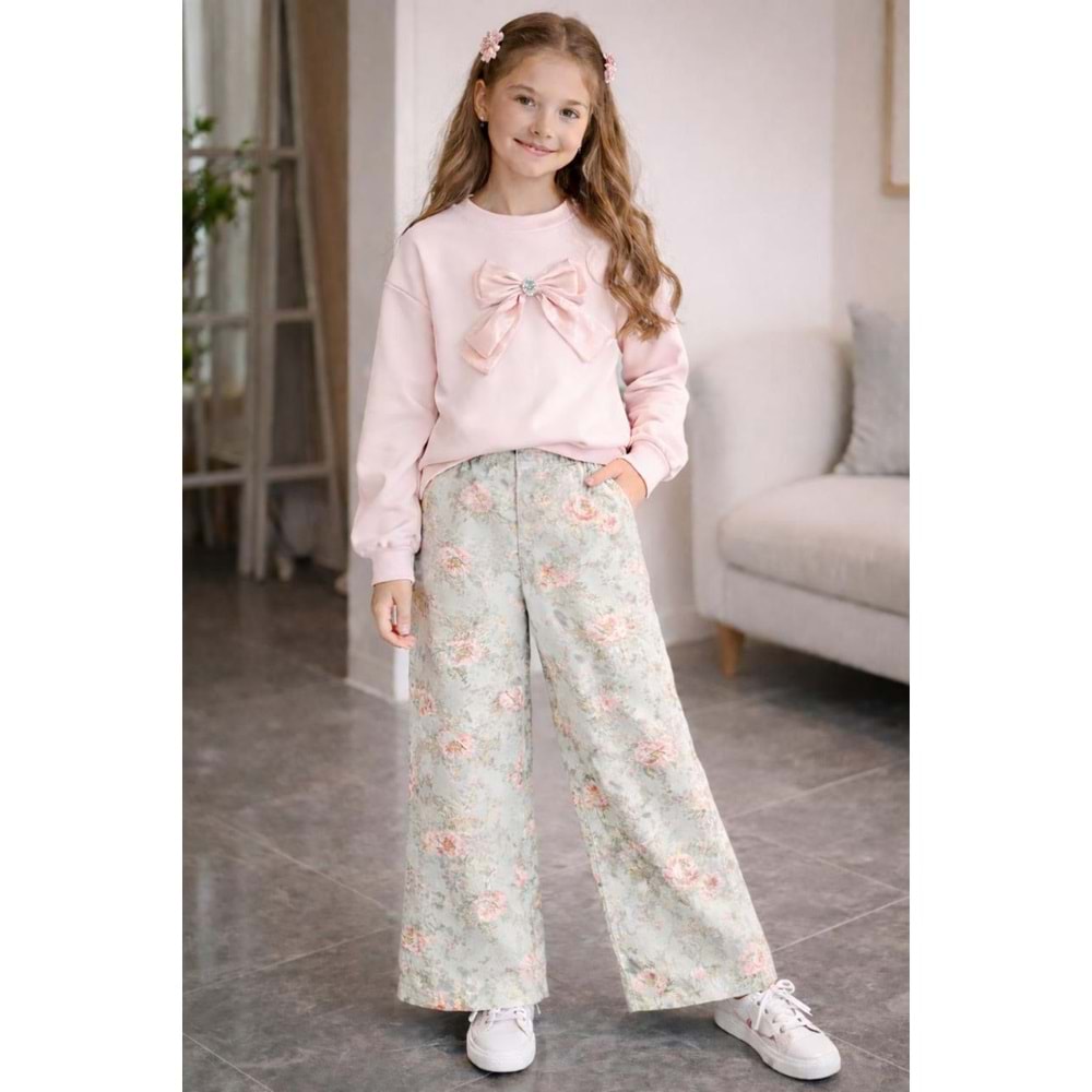 Kız Çocuk Soft Pembe Renk Yumoş Kumaş Fiyonk Detay Sweatshirt - PASTEL PEMBE - 10 YAŞ