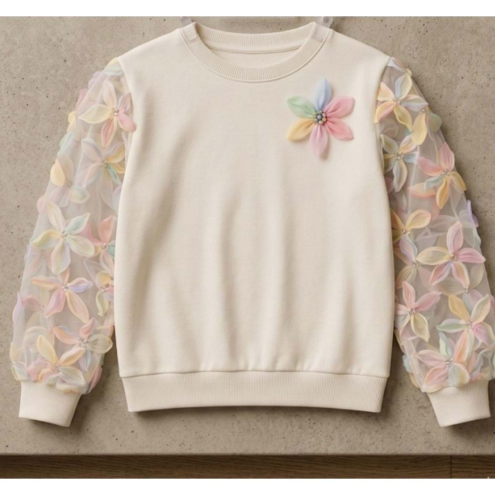 Garden Bloom Organze Kollu Kız Çocuk Sweatshirt - BEYAZ - 10 YAŞ