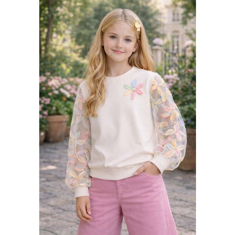 Garden Bloom Organze Kollu Kız Çocuk Sweatshirt - BEYAZ - 10 YAŞ