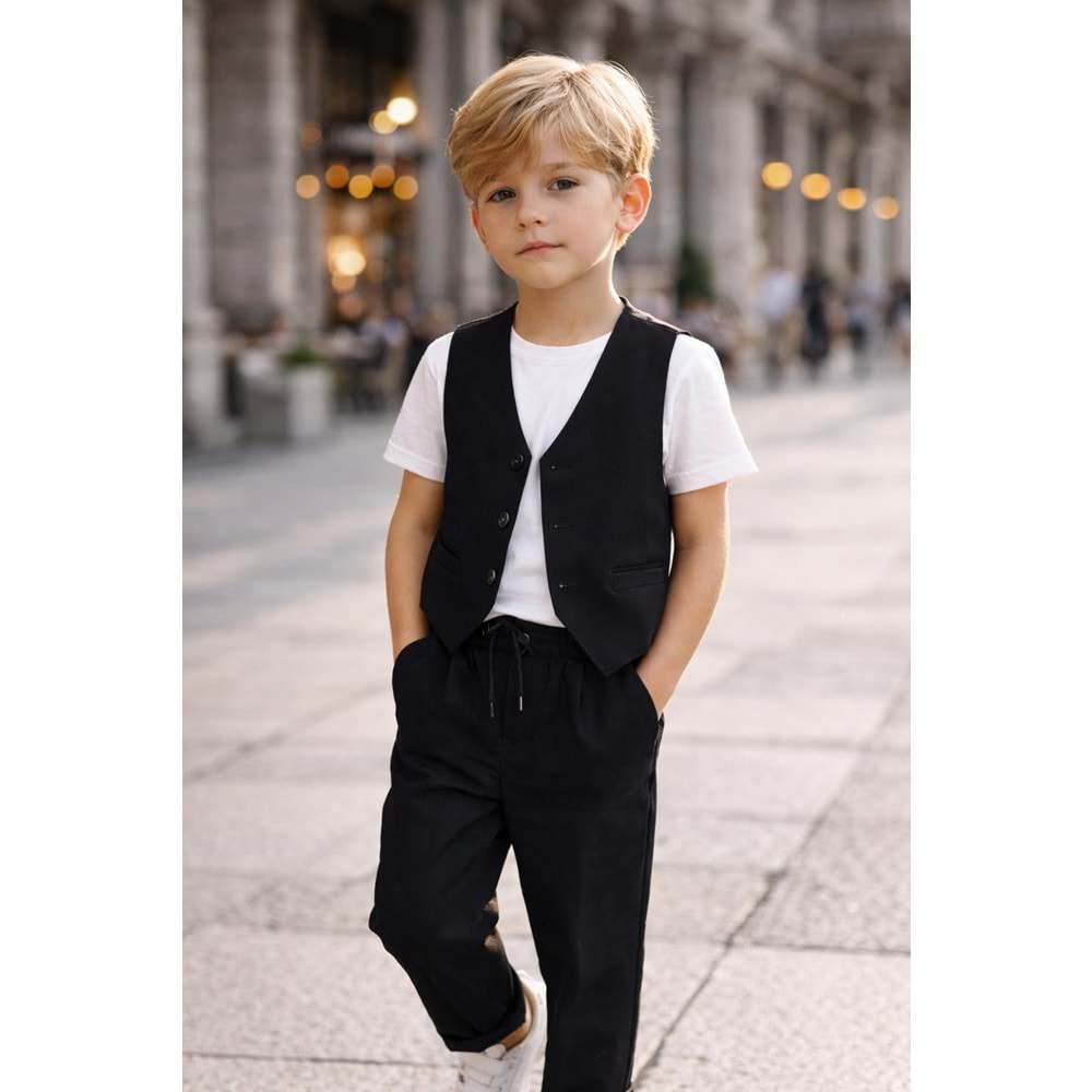 Mini Gent Italyan Stil Erkek Çocuk Yelek - Jogger Alt Üst Takım - SİLVER - 4-5 YAŞ
