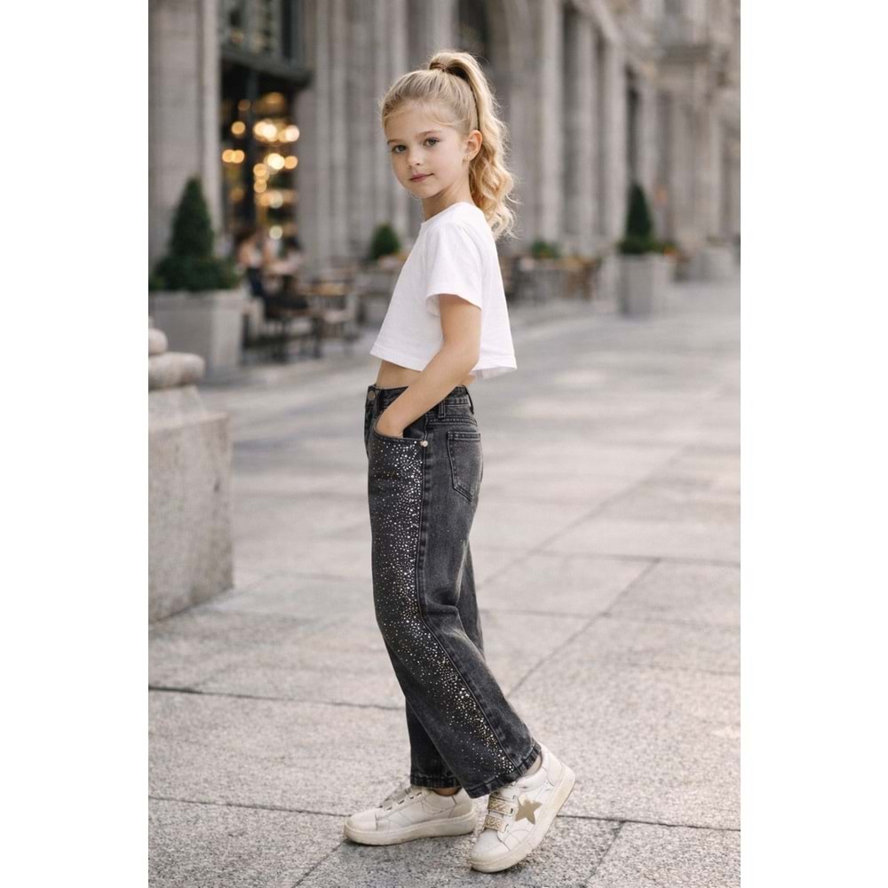 Kız Çocuk Taş Detaylı Jean Pantolon Wide Leg Parlak Taşlı Denim - GRİ - 7-8 YAŞ