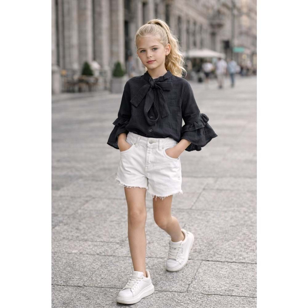 Kız Çocuk Elegant Kurdele Yaka Müslin Bluz Fırfır Kol Detaylı - SİYAH - 3-4 YAŞ