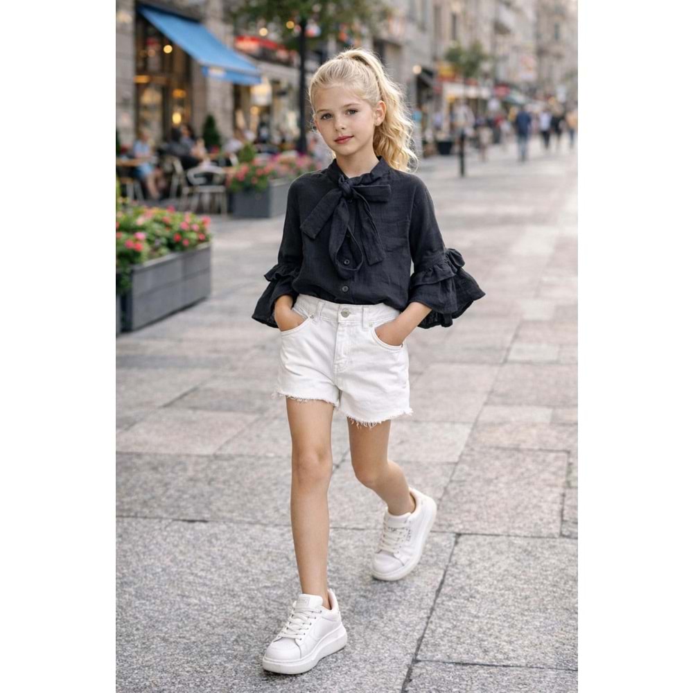 Kız Çocuk Elegant Kurdele Yaka Müslin Bluz Fırfır Kol Detaylı - SİYAH - 3-4 YAŞ