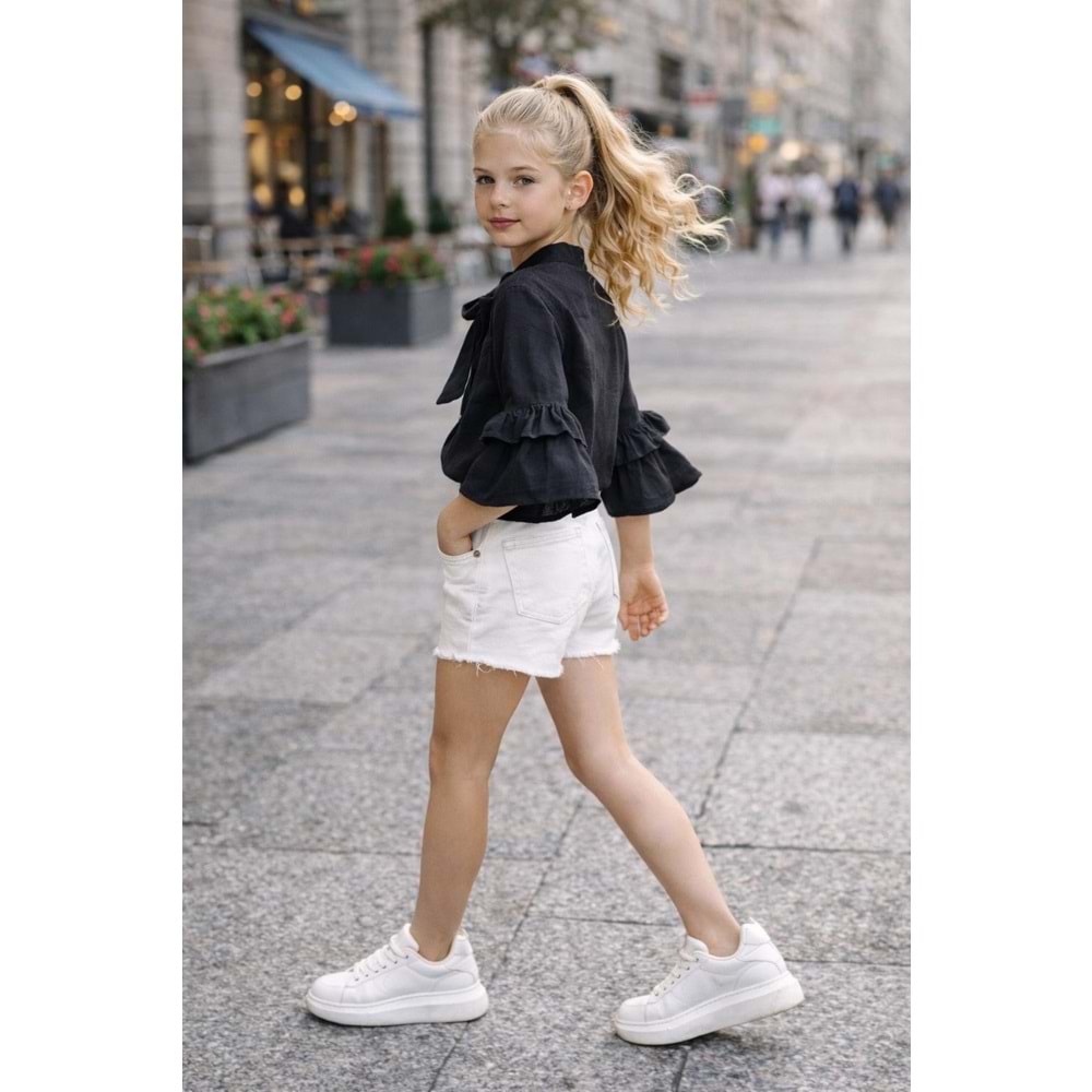 Kız Çocuk Elegant Kurdele Yaka Müslin Bluz Fırfır Kol Detaylı - SİYAH - 3-4 YAŞ