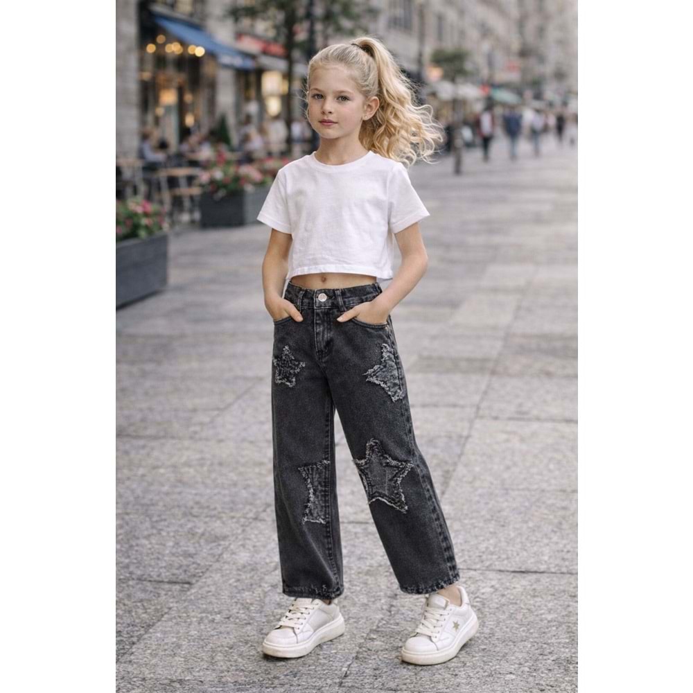 Yıldız Detaylı Siyah Yıkama - Taşlamalı Jean Pantolon - Cool / Trend Model - SİYAH - 10-11 YAŞ