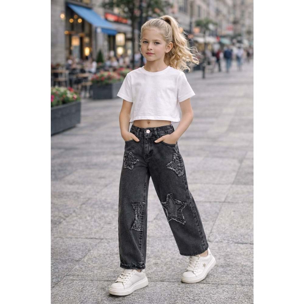 Yıldız Detaylı Siyah Yıkama - Taşlamalı Jean Pantolon - Cool / Trend Model - SİYAH - 10-11 YAŞ