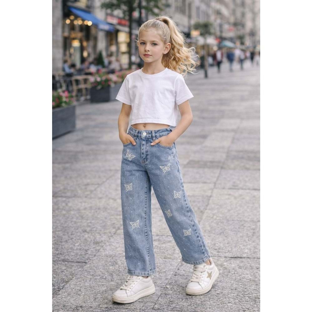 Kelebek İşlemeli Taş Detalı Açık Mavi Wide Leg Jean Pantolon - AÇIK MAVİ - 12-13 YAŞ