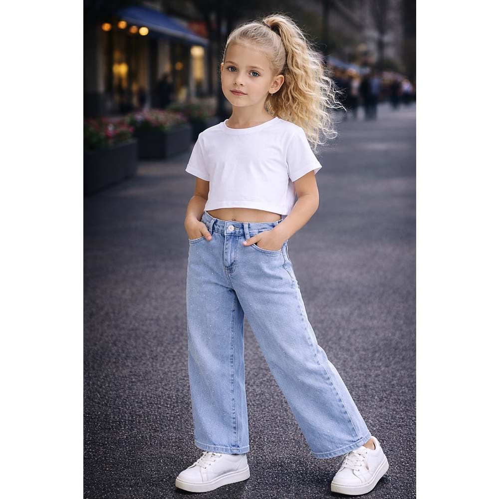 Kız Çocuk Wide Leg Parıltı - Taş Detaylı Kot Pantolon - Jeans - AÇIK MAVİ - 10-11 YAŞ