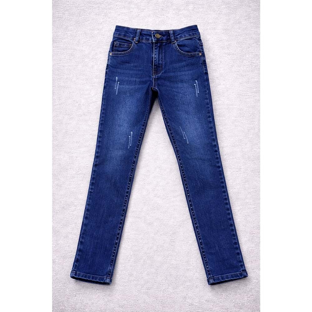 Erkek Çocuk Likralı Taşlamalı Denim Kot Pantolon / Jeans Koyu Mavi - LACİVERT - 9 YAŞ