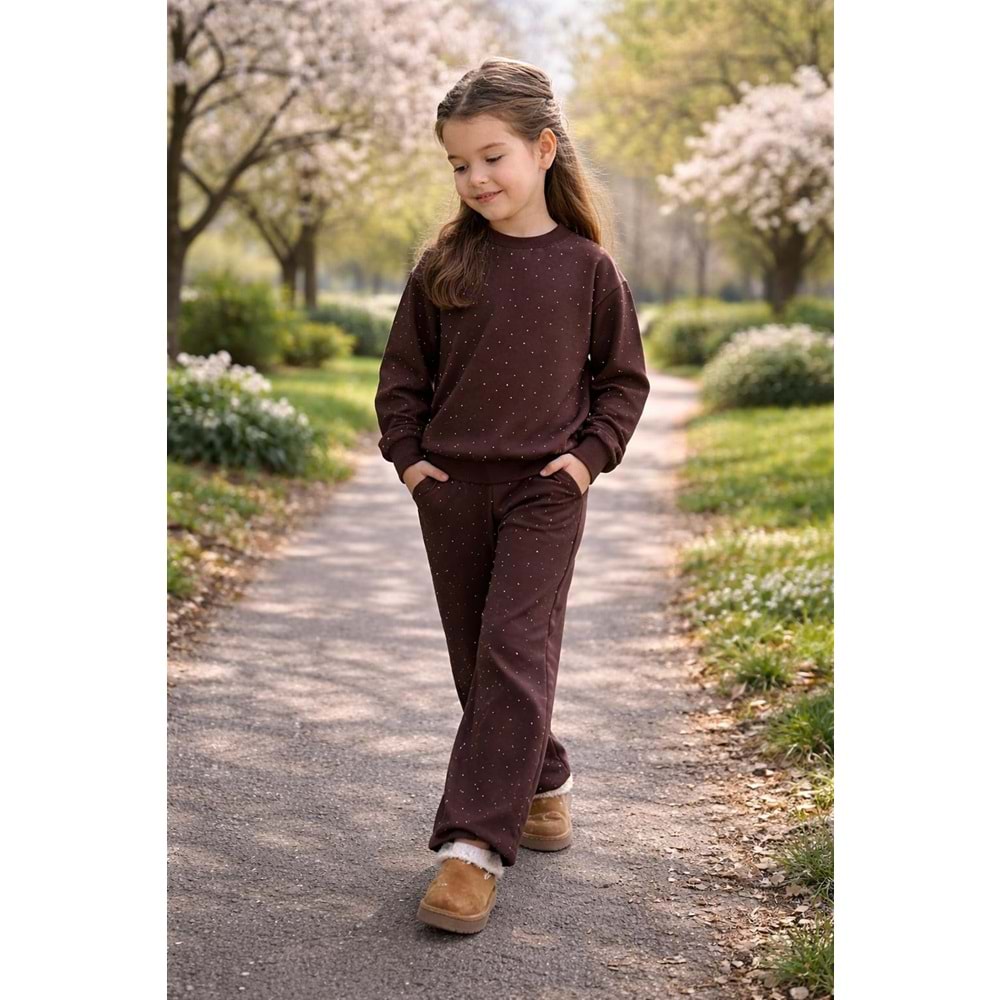 Choco Glow Taş Detay Alt Üst Takım - KAHVERENGİ - 11-12 YAŞ