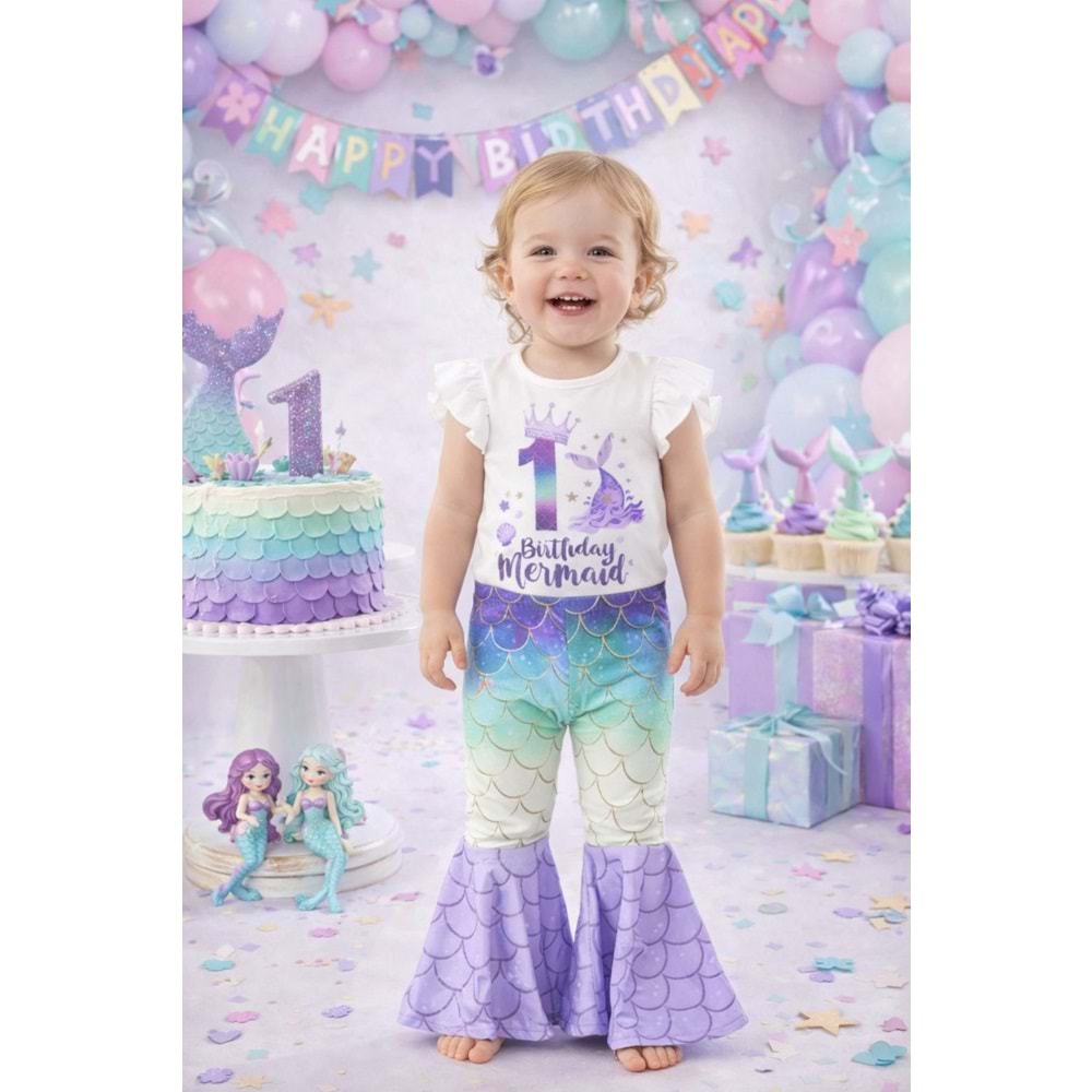 Mermaid Doğum Günü Konsept Deniz Kızı Kostüm / Alt Üst Takım - ÇOK RENKLİ - 1-2 YAŞ