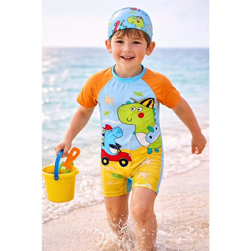 Erkek Çocuk Dino Splash Mayo + Bone Plaj Set