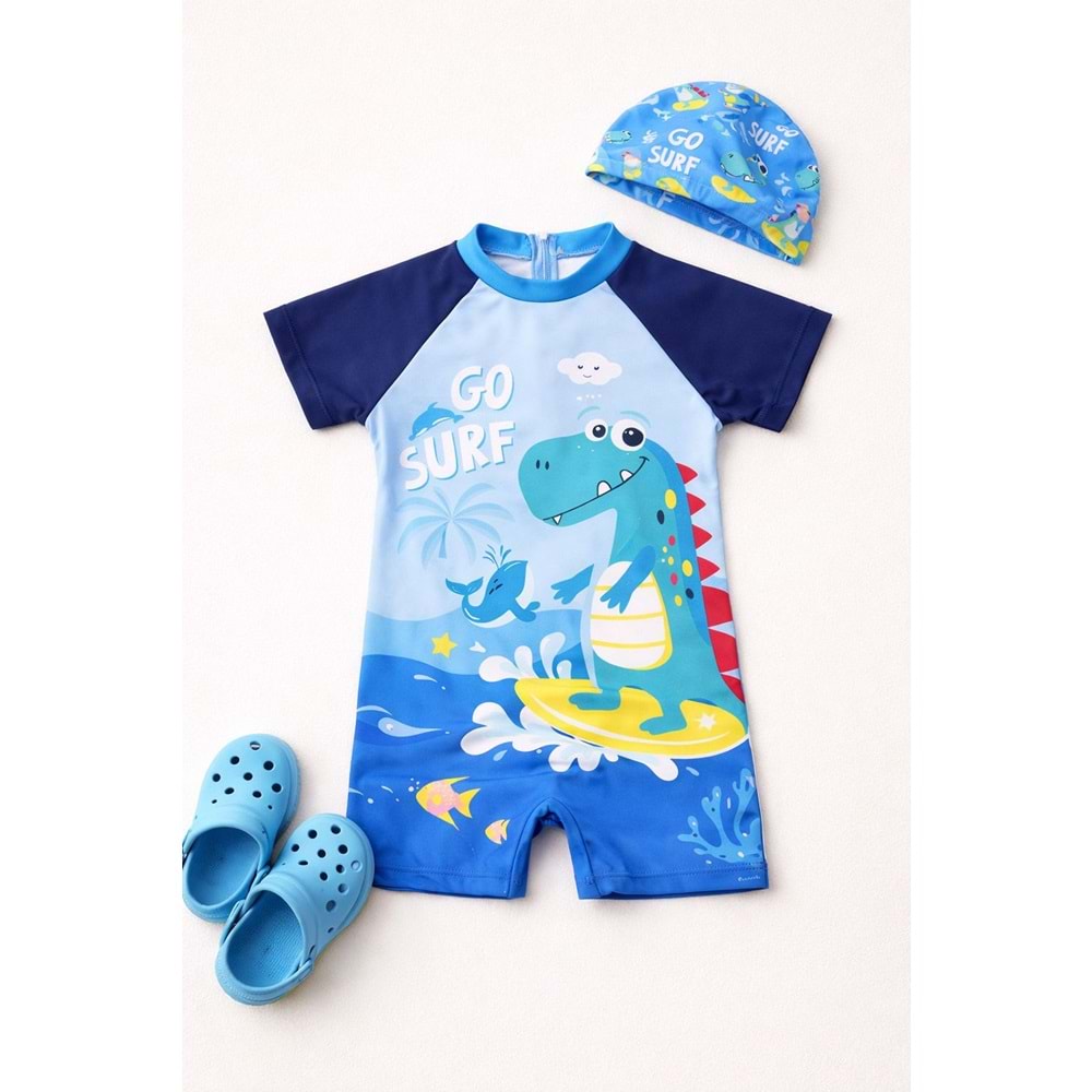 Dino Surf Tulum Boxer Şortlu Mayo + Bone Plaj Set - MAVİ - 2-3 YAŞ